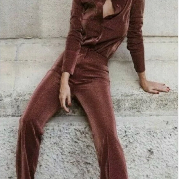 NWT H&M Studio Collection Glittery Metallic Rust Red Jersey Trousers Size 8 - Picture 5 of 6